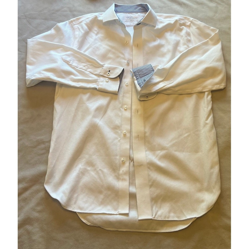 Lorenzo Uomo White Trim Fit Dress Shirt 16 32/33 80s 2 Ply Textured Cotton